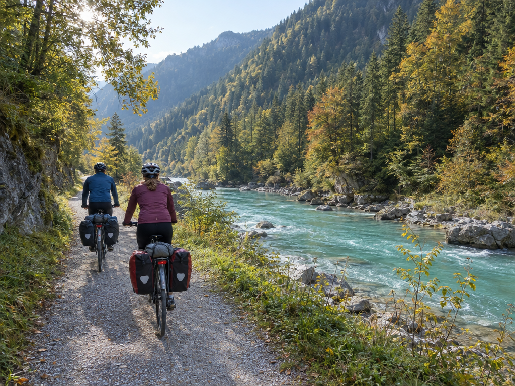 Isar Munich: two cyclists on the Isar cycle path in the wooded Isar valley south of the city