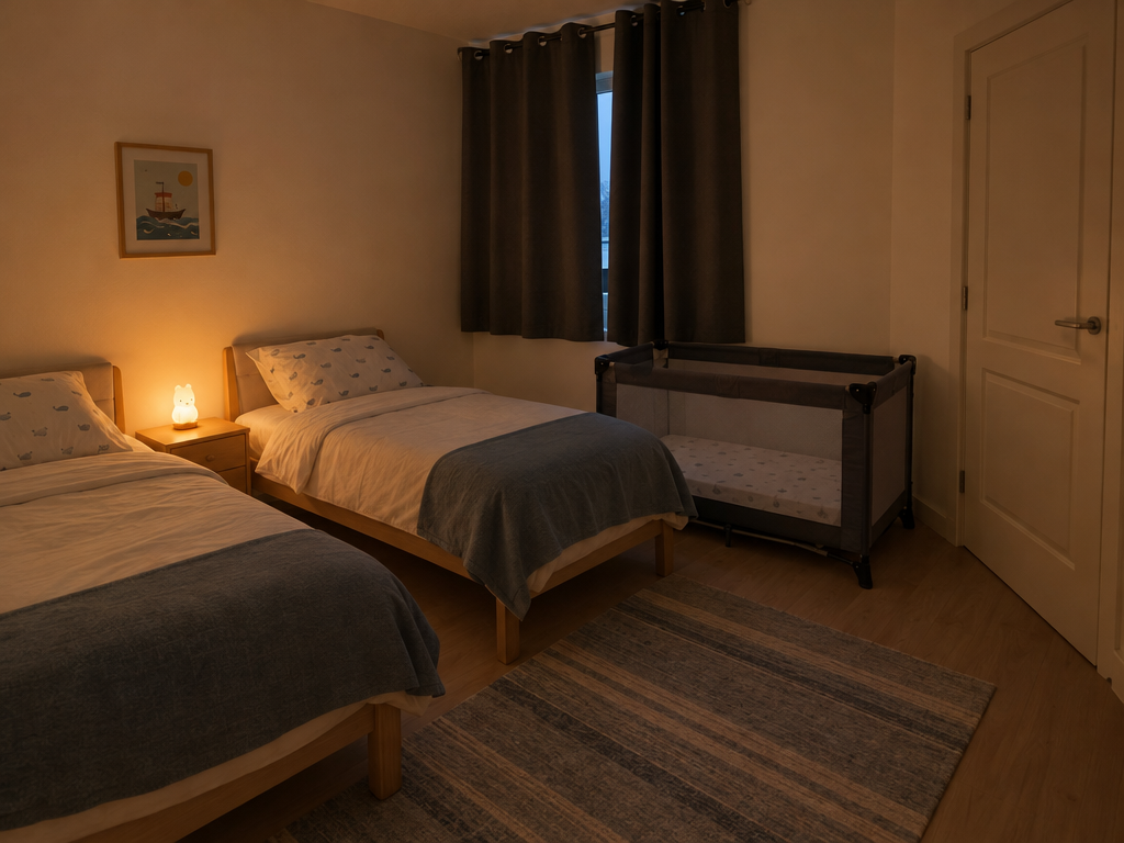 Kinderfreundliche Ferienwohnung: Kinderzimmer mit zwei Einzelbetten, Reisebett und Verdunkelungsvorhängen