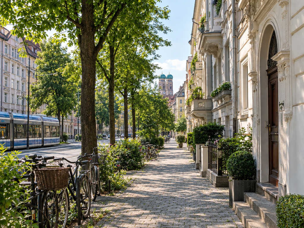 Ruhige Straße im Münchner Stadtteil Lehel nahe dem Boardinghouse