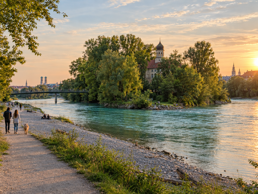 Banks of the Isar in Lehel, Munich, looking across to the Praterinsel