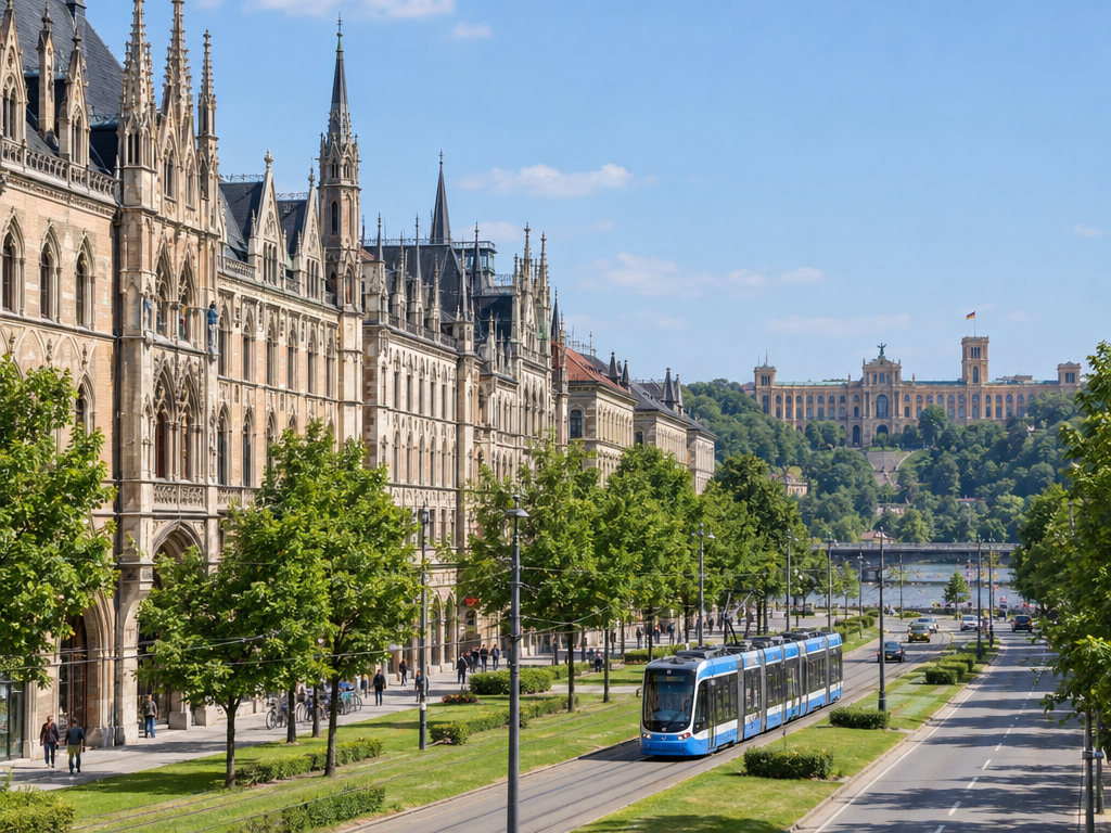 Maximilianstraße in Lehel, Munich, with a tram and a view towards the Maximilianeum