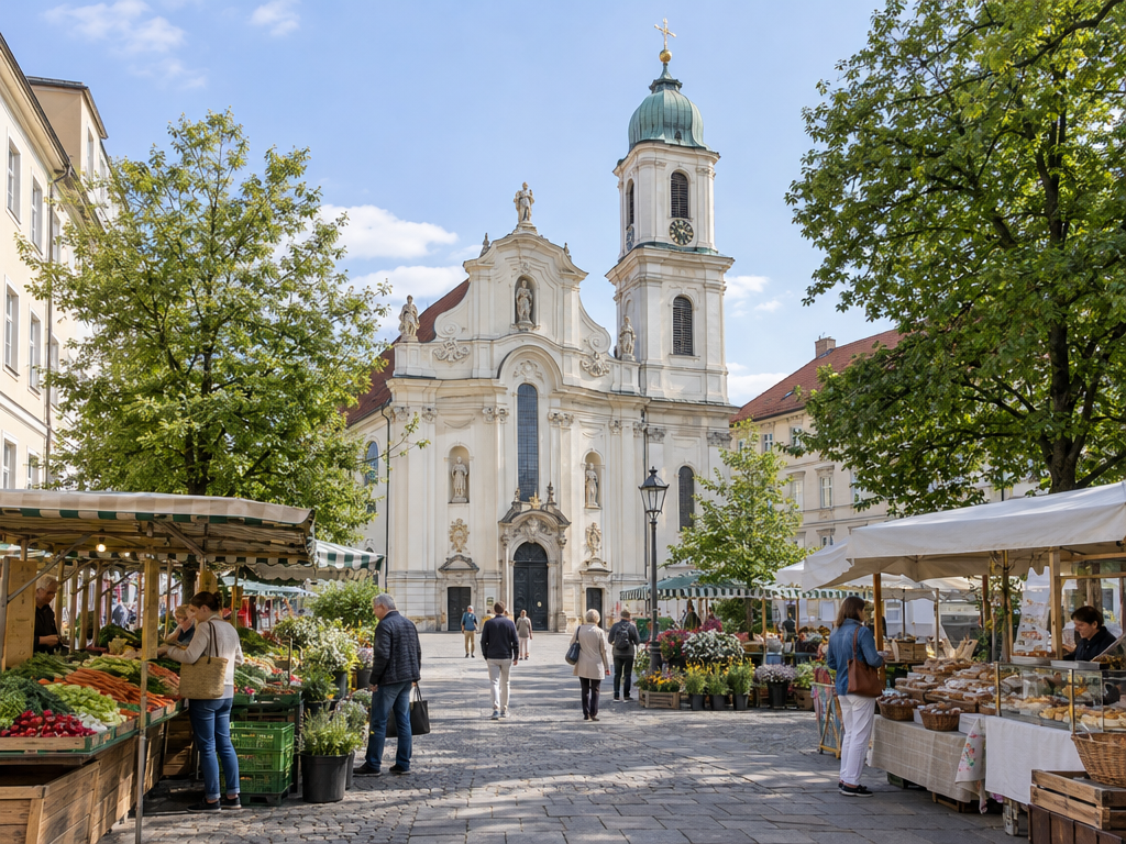 St.-Anna-Platz in Lehel, Munich, with St. Anne's Abbey Church and the farmers' market
