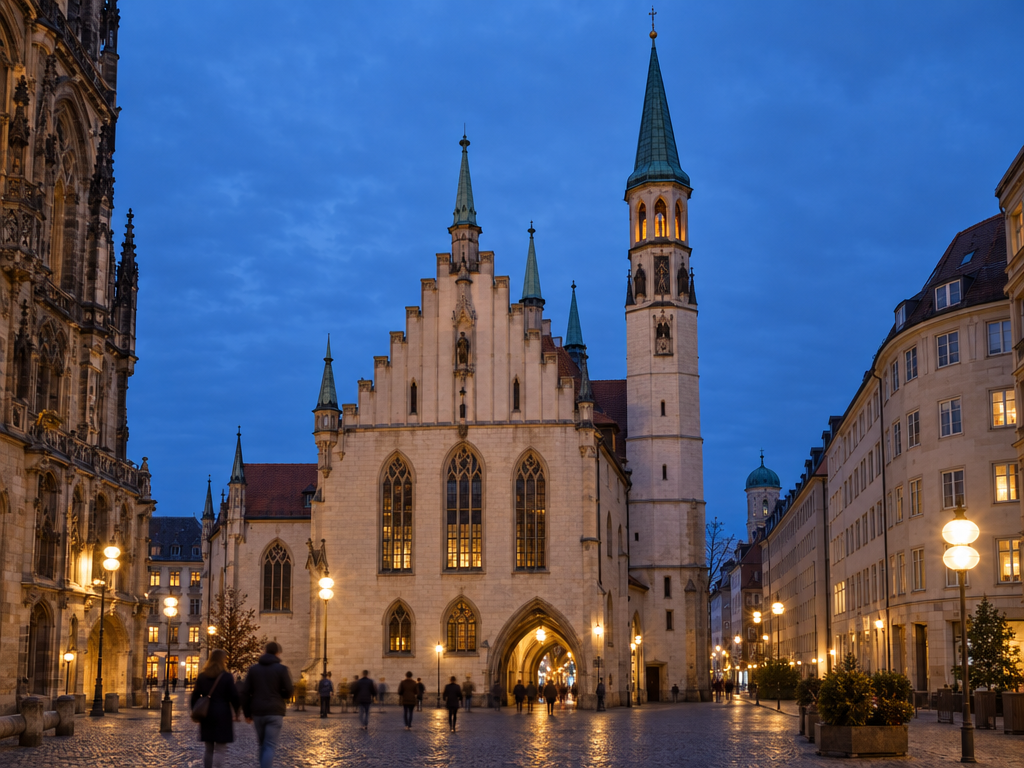 Altes Rathaus am Marienplatz München zur blauen Stunde: gotischer Bau mit schlankem Turm und Durchgang ins Tal