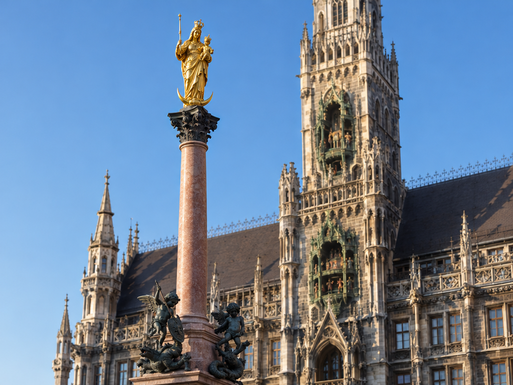 Mariensäule am Marienplatz München: vergoldete Marienfigur auf der Säule, Putten am Sockel, dahinter das Neue Rathaus
