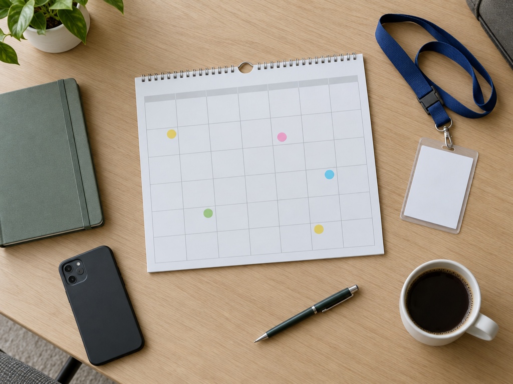 Messe Munich dates: desk with a wall calendar, notebook and trade fair badge for planning the trip