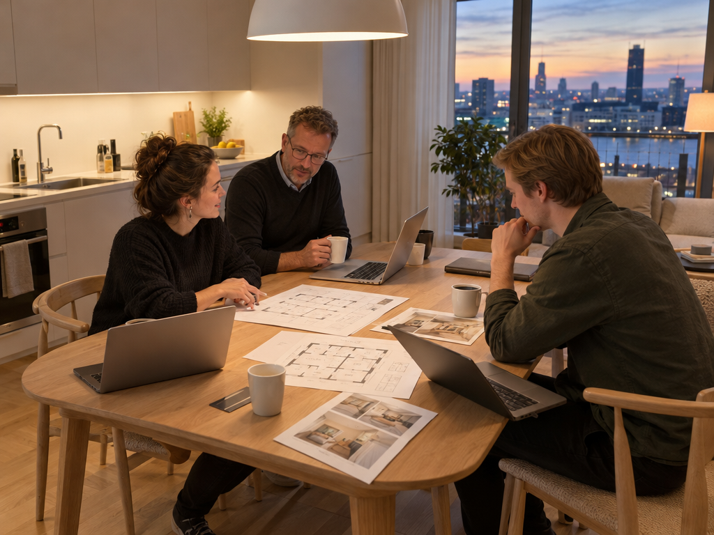 Messe Munich dates: trade fair team planning the next day at the dining table of an apartment with kitchen