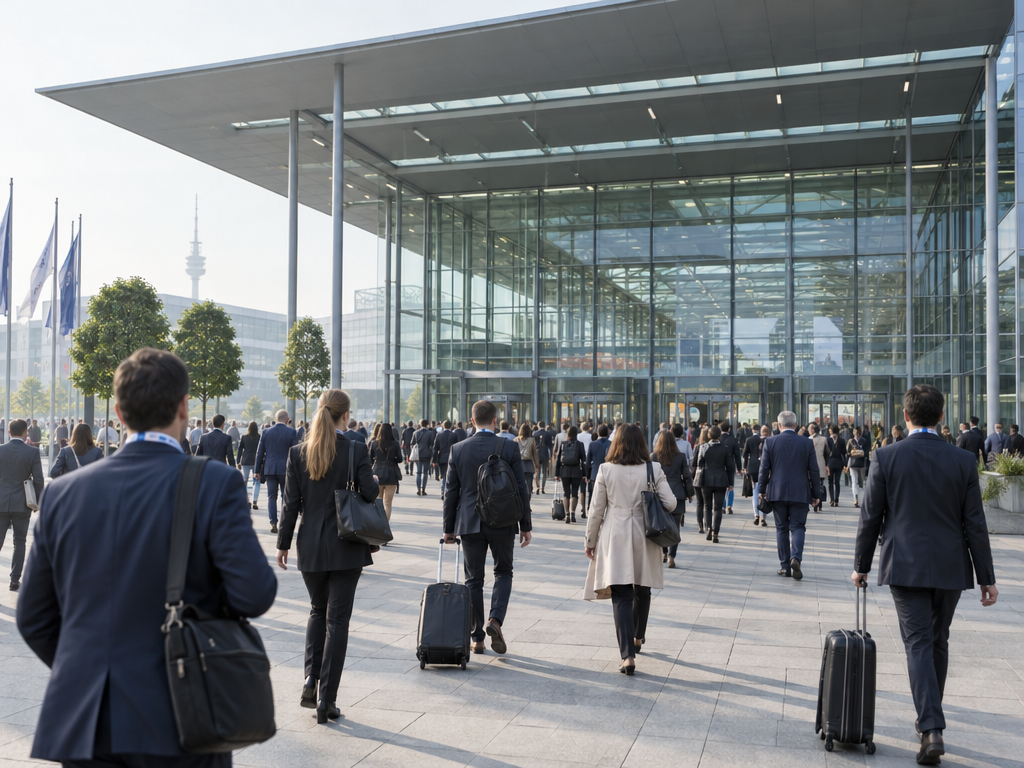 Messe Munich dates: trade visitors with badges heading to the entrance of the exhibition grounds in Riem