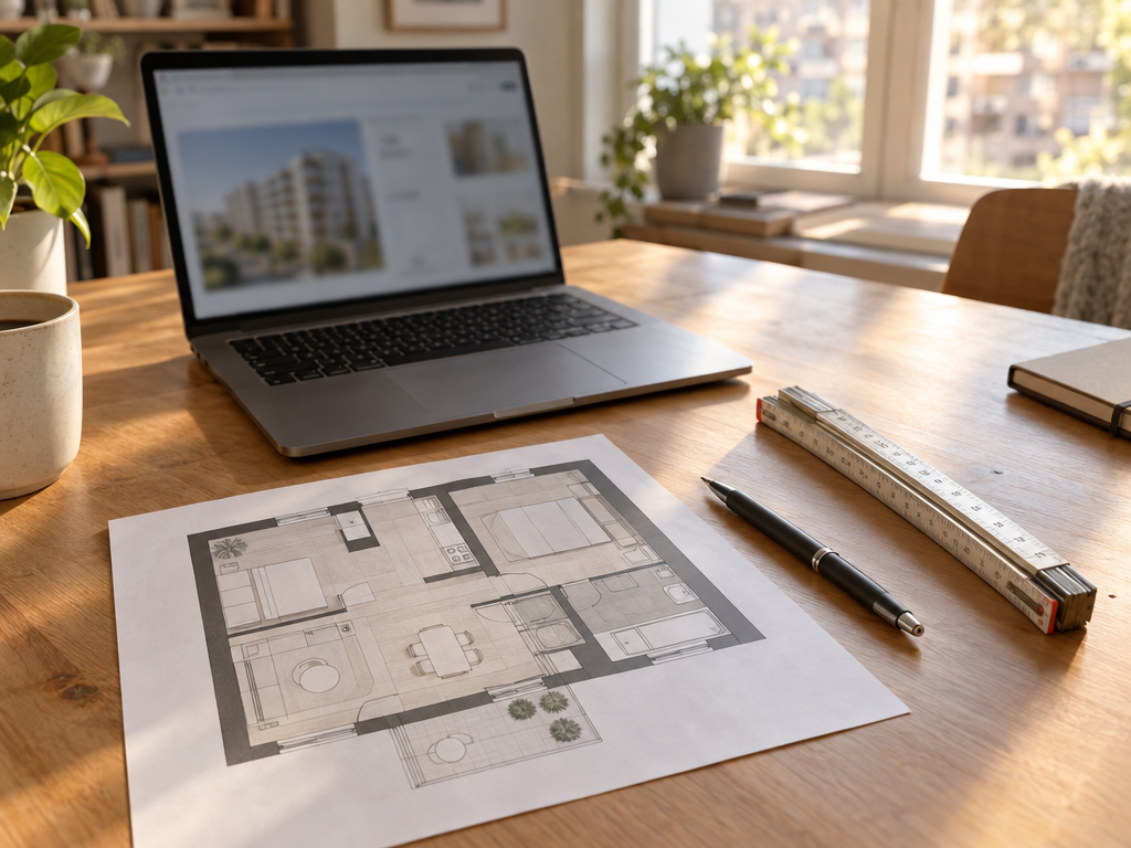Munich rent index calculator: laptop, floor plan and folding ruler on a desk