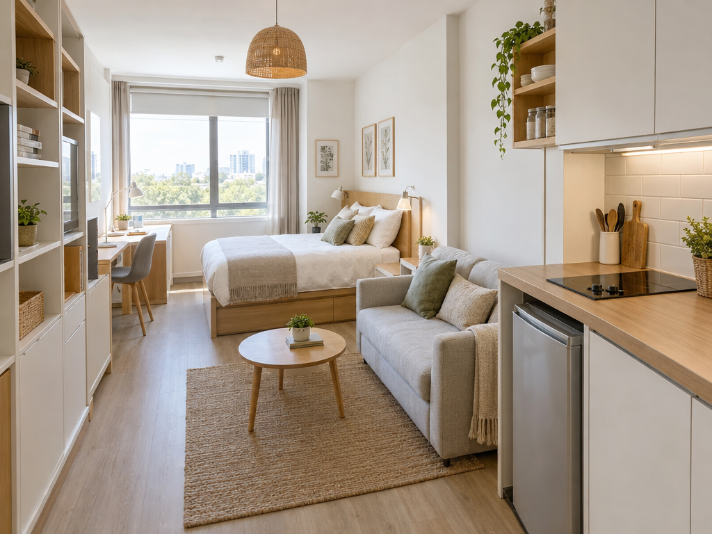 Möblierte 1-Zimmer-Wohnung in München mit Bett, Schreibtisch und Küchenzeile auf 25 m²