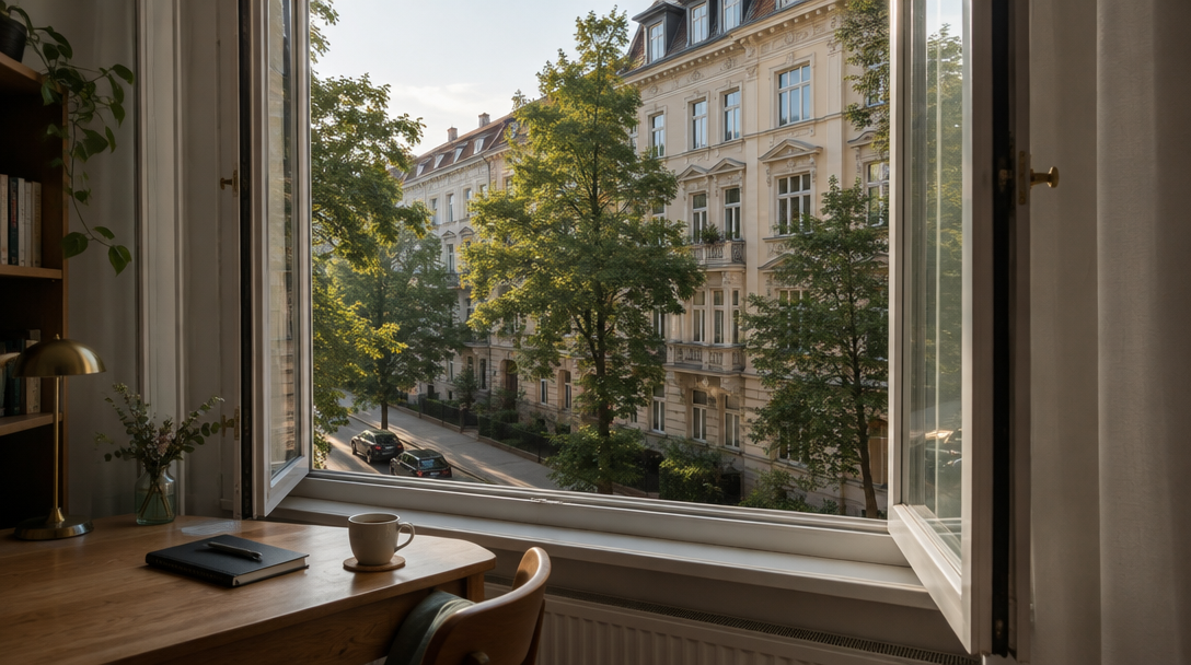 Blick aus einer möblierten Wohnung in München auf eine Altbaustraße im Lehel