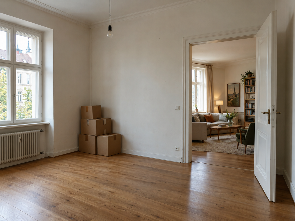 Leere Wohnung mit Umzugskartons neben einer möblierten Wohnung in München