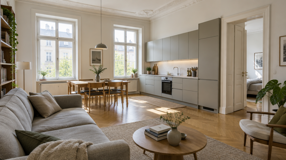 Möblierte Wohnung in München mit Sofa, Esstisch für vier und Küchenzeile im Altbau