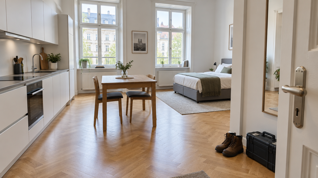 Monteurzimmer in München: helles Apartment mit Esstisch, Küchenzeile und Arbeitsschuhen an der Tür