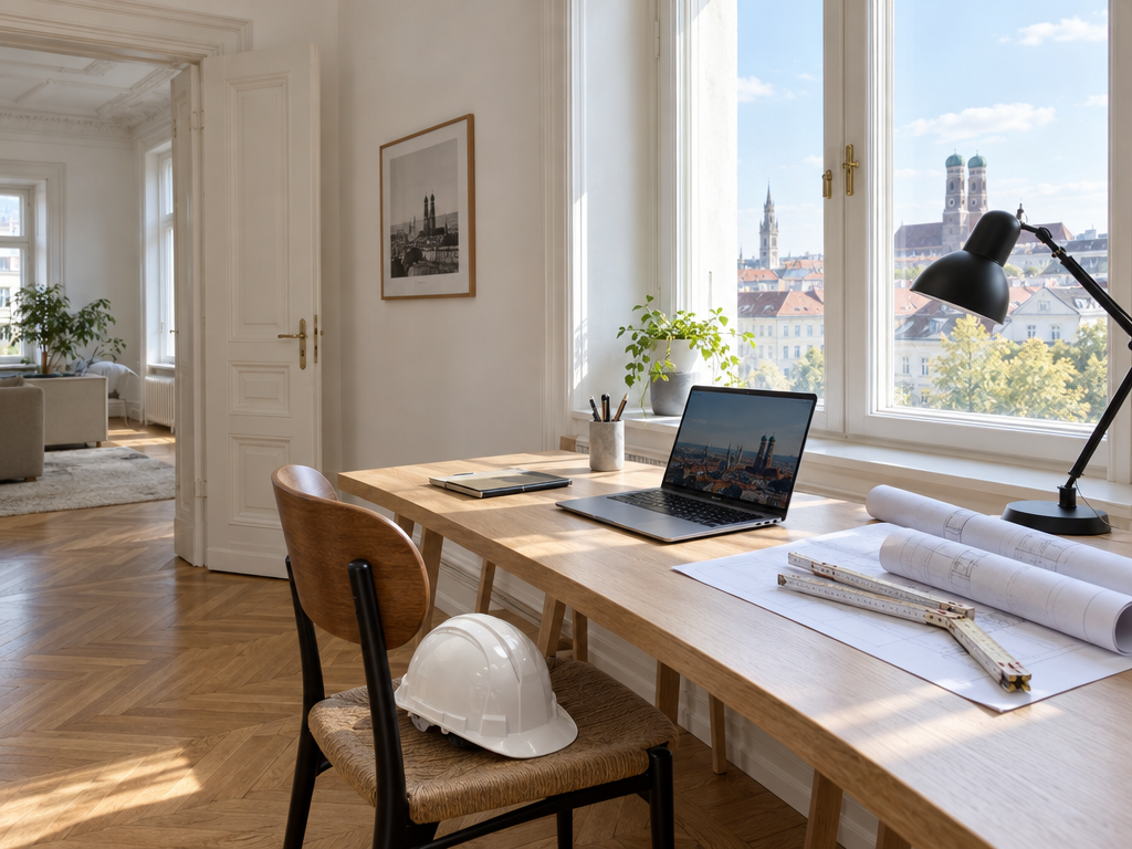 Monteurzimmer als Einzelzimmer in München mit Schreibtisch, Bauplänen und Schutzhelm