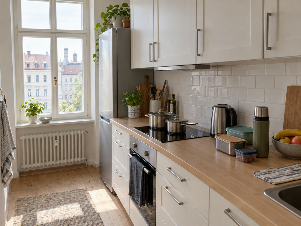 Monteurzimmer mit Küche in München: Kochfeld, Kühlschrank und Brotdosen auf der Arbeitsplatte