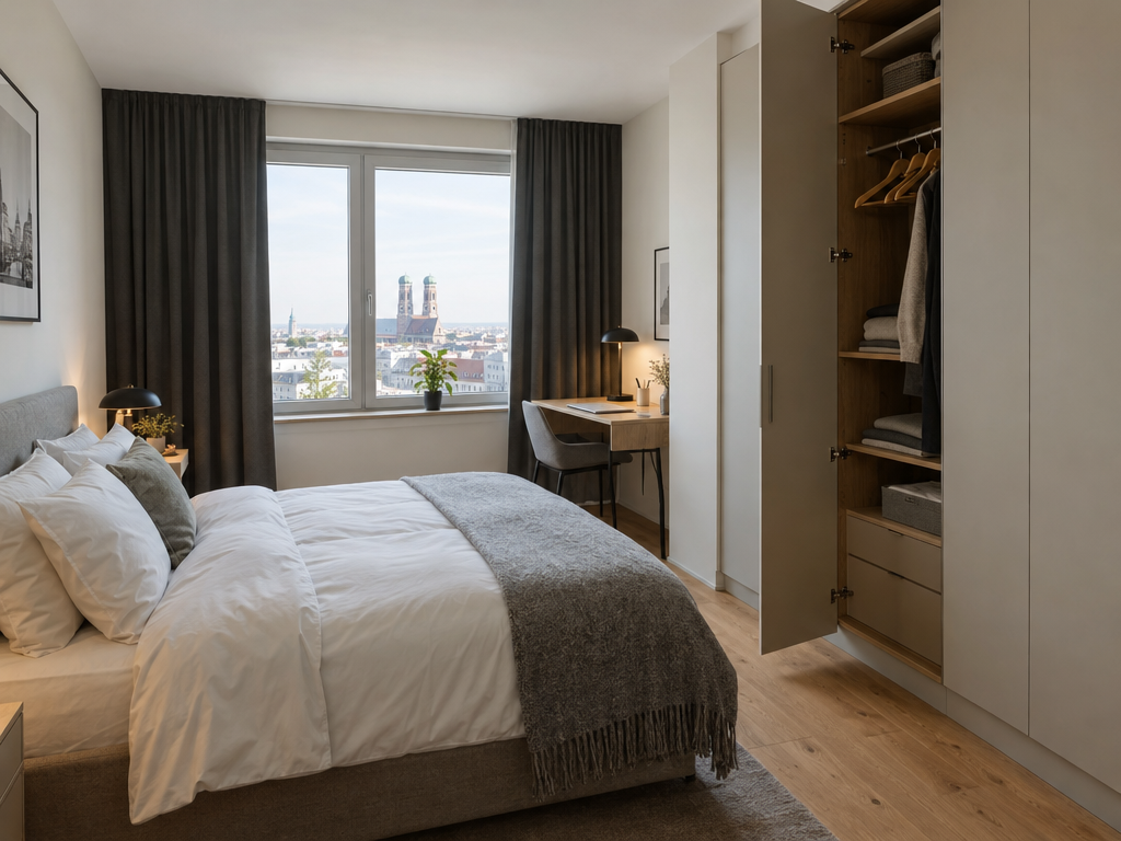 Schlafzimmer einer Monteurwohnung in München mit Doppelbett, Kleiderschrank und Schreibtisch