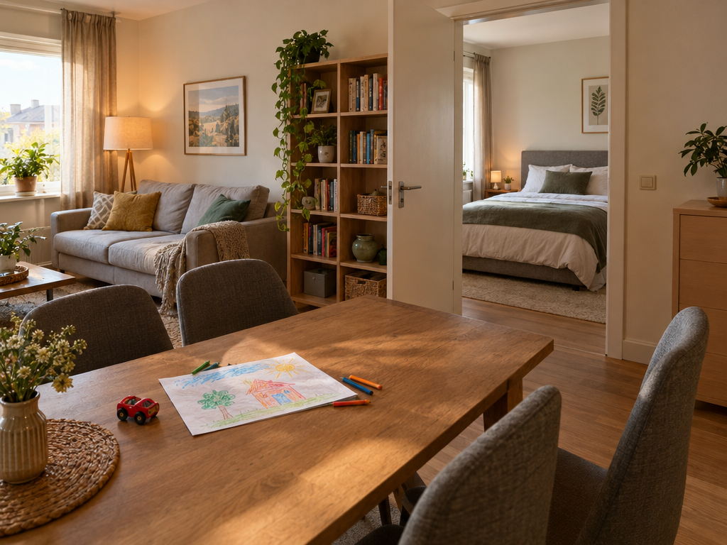 Wohnung für Monteure in München mit Wohnbereich und separatem Schlafzimmer für ein Team