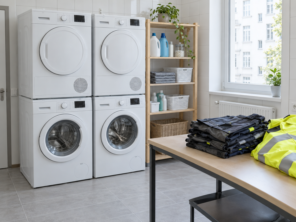 Monteurzimmer mit Waschmaschine: Waschraum mit Trocknern und Arbeitskleidung im Haus in München