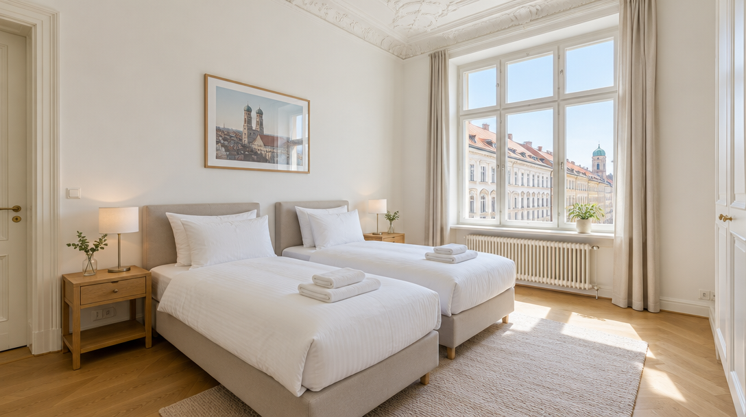 Monteurwohnung in München mit zwei Einzelbetten und frischen Handtüchern im Altbau