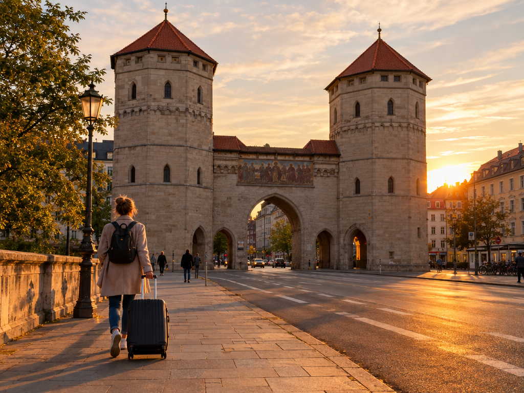 From Munich central station to Lehel: travellers with wheeled suitcases in front of the Isartor gate in the evening light