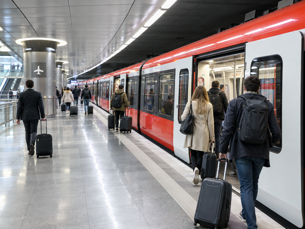 S-Bahn from Munich Airport to the central station: travellers with suitcases boarding a red and white train at the underground platform