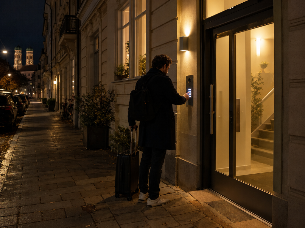 Late arrival after the journey from Munich central station: guest with a suitcase entering a code on a keypad at a front door at night