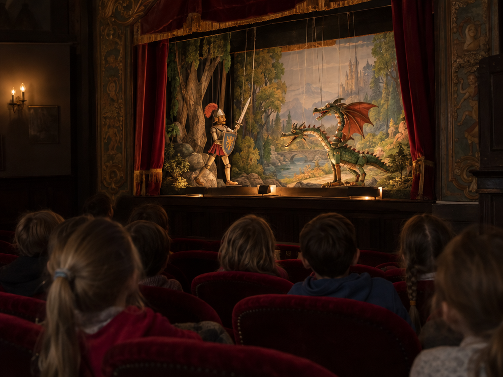 Theater für Kinder in München: Kinderpublikum vor einer Marionettenbühne mit Ritter und Drache