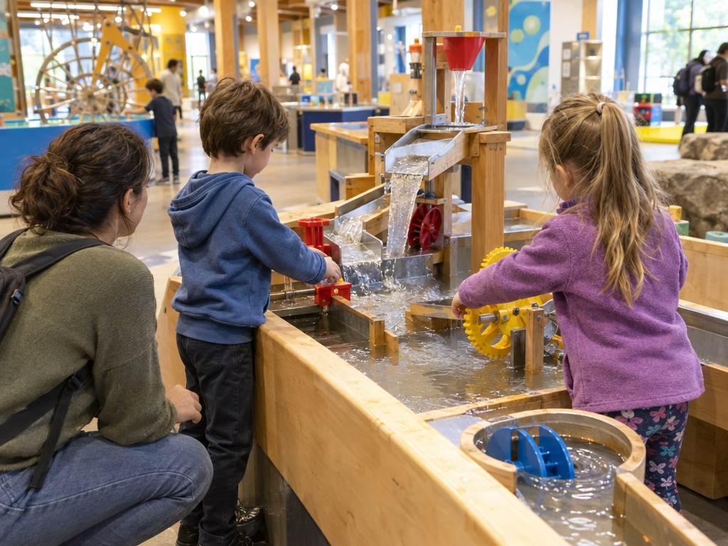 Museum in München für Kinder: zwei Kinder experimentieren an einem Wassertisch mit Zahnrädern und Rinnen