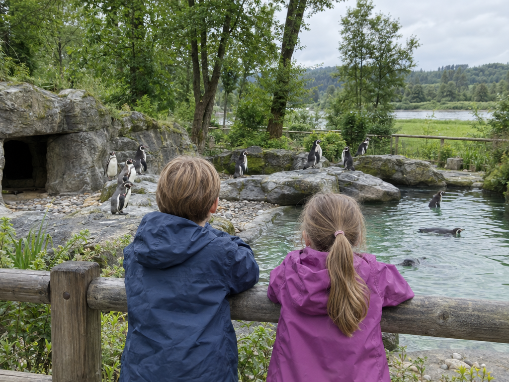 München mit Kindern im Tierpark Hellabrunn: zwei Kinder in Regenjacken beobachten Pinguine am Felsbecken