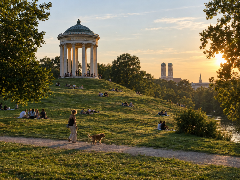 München Sehenswürdigkeiten im Englischen Garten: Monopteros auf dem Hügel bei Abendsonne