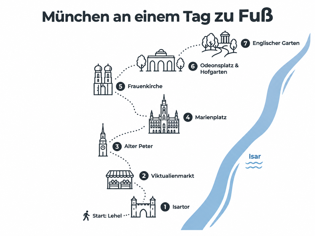 München Sehenswürdigkeiten an einem Tag: Infografik der Route vom Lehel durch die Altstadt