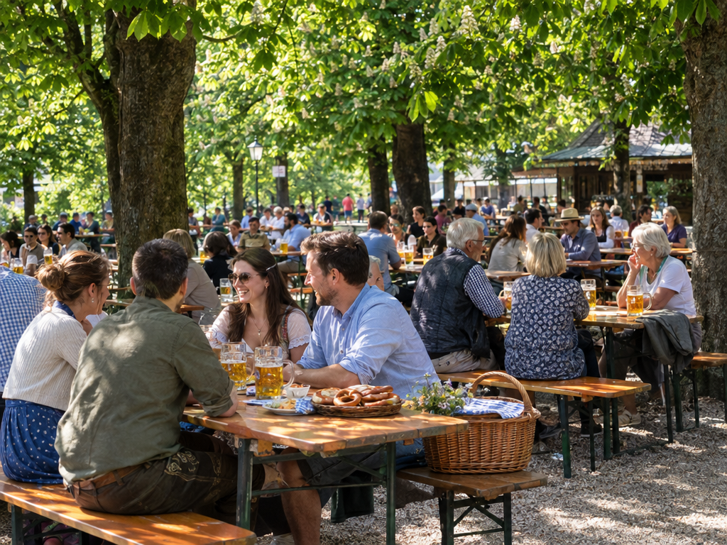 Munich at the weekend: beer garden under chestnut trees on a Sunday afternoon with wooden benches, litre mugs, pretzels and a packed picnic