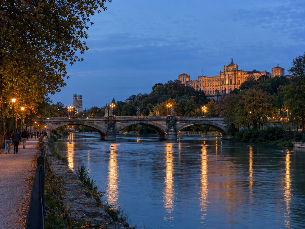 Munich weekend evening: illuminated bridge over the Isar with the Maximilianeum in the background at blue hour
