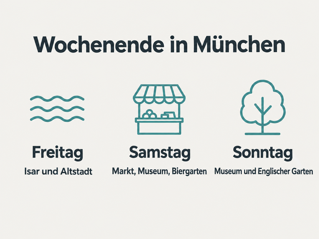 Munich weekend infographic: Friday Isar and old town, Saturday market, museum and beer garden, Sunday museum and English Garden