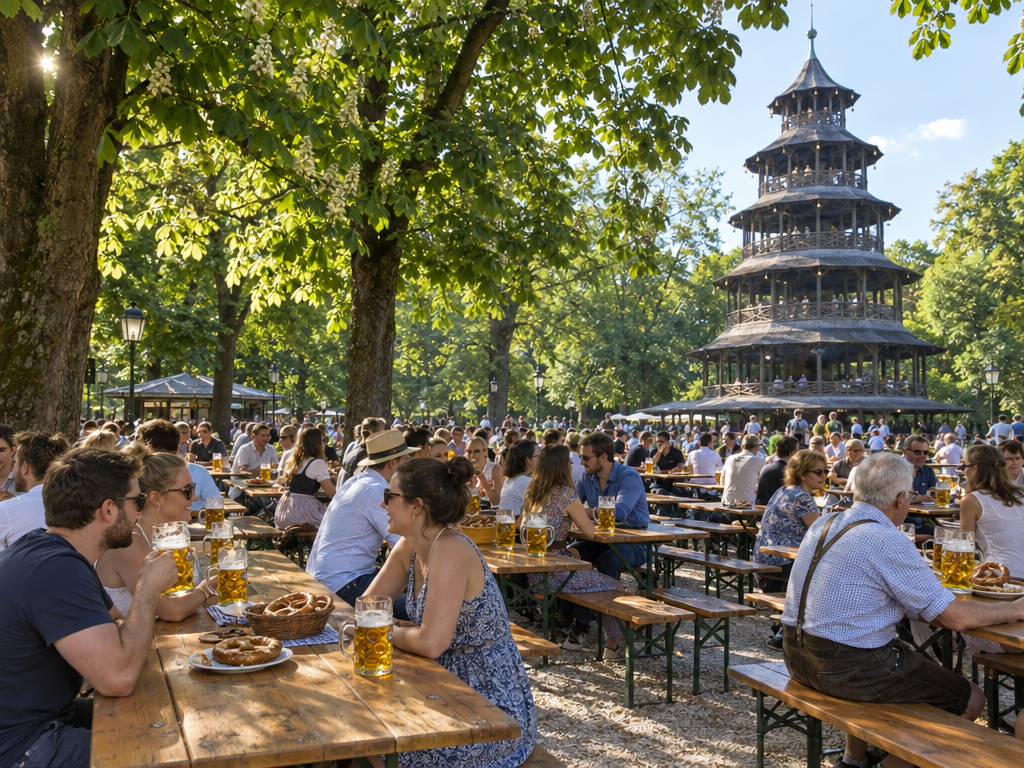 Munich beer gardens: guests at wooden tables under chestnut trees, the Chinese Tower in the English Garden behind
