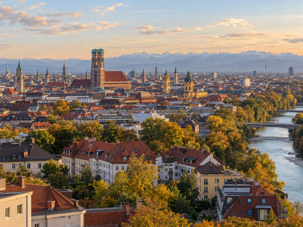 Munich neighbourhoods: view over the rooftops of residential districts with Frauenkirche and Isar, the Alps beyond
