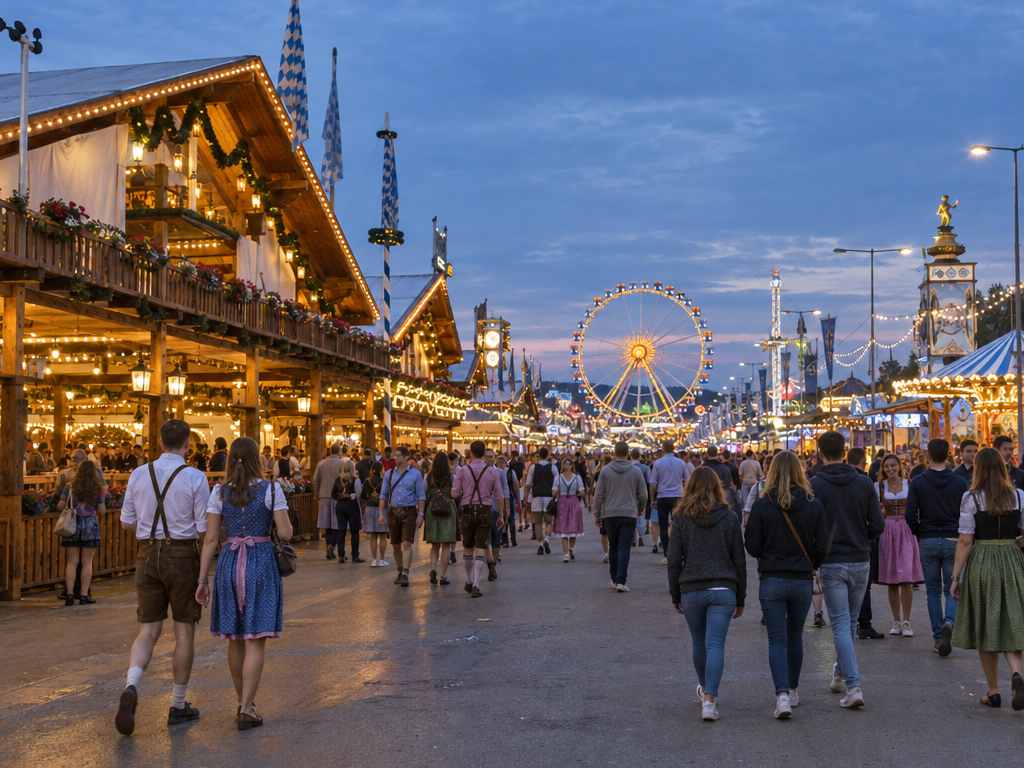 Oktoberfest 2027 a Monaco di Baviera: tendoni e ruota panoramica sulla Theresienwiese al tramonto