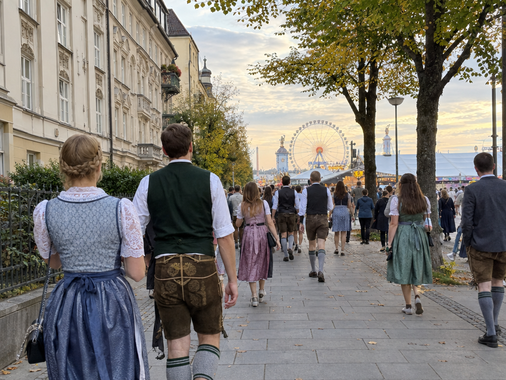 Oktoberfest-Anreise: Besucher in Tracht gehen zu Fuß zur Theresienwiese, im Hintergrund das Riesenrad