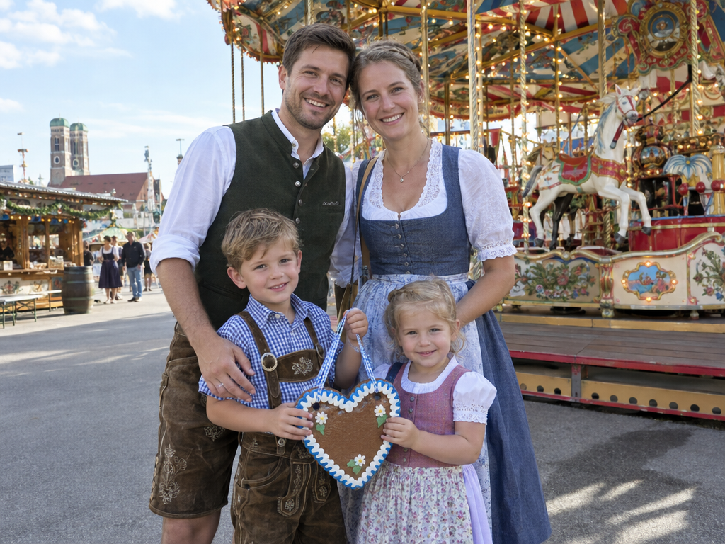 Oktoberfest-Familientag: Familie mit zwei Kindern und Lebkuchenherz vor einem Karussell auf der Wiesn