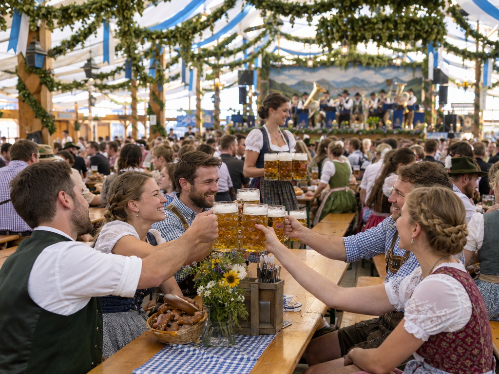 Oktoberfest-Festzelt: Gäste an langen Holztischen stoßen mit Maßkrügen an