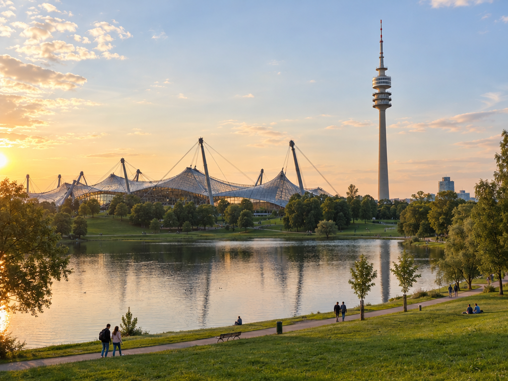 Olympiapark Munich: view across the Olympic Lake to the tent roof and Olympic Tower in the late afternoon