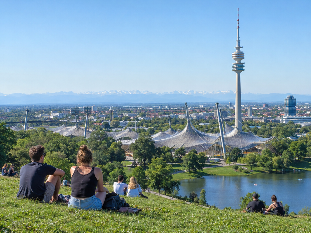 Olympiapark: Besucher auf dem Gipfel des Olympiabergs mit Blick auf Olympiaturm und Zeltdach