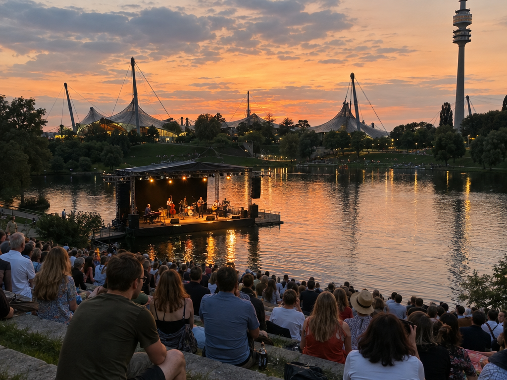 Olympiapark München: Konzert auf der Seebühne des Theatron am Olympiasee an einem Sommerabend