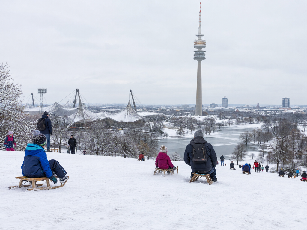 Olympiapark im Winter: Kinder rodeln am verschneiten Olympiaberg, im Hintergrund der Olympiaturm