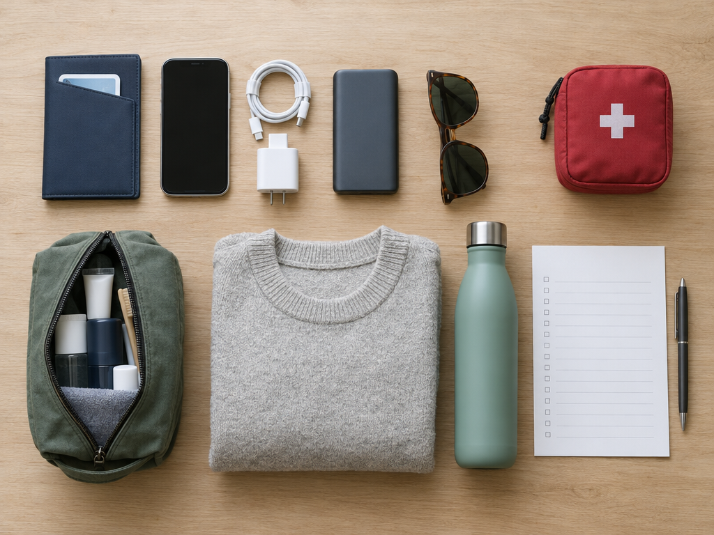 Packliste Ferienwohnung als Checkliste: Ausweishülle, Smartphone mit Ladekabel, Powerbank, Reiseapotheke, Kulturbeutel und Pullover auf einem Holztisch