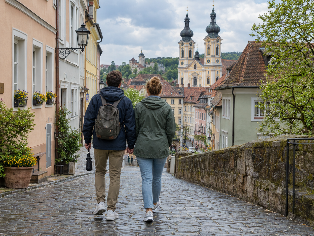 Packliste Städtetrip: Paar mit bequemen Sneakern, Regenjacken, Knirps und Tagesrucksack auf einer Altstadtgasse mit barocken Kirchtürmen