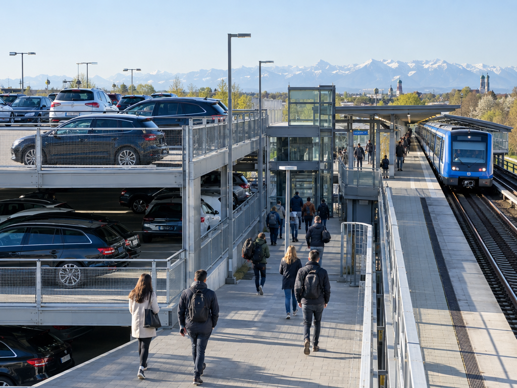 Park and Ride München: P+R-Parkdeck neben einer oberirdischen U-Bahn-Station mit einfahrendem Zug