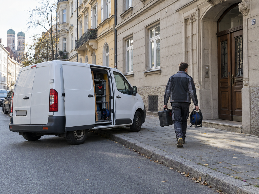 Parken München für Handwerker: weißer Transporter am Straßenrand, Monteur trägt Werkzeugkoffer zum Altbau