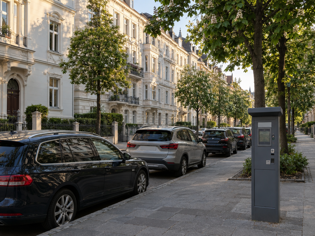 Parken in München Innenstadt: Parkscheinautomat und parkende Autos vor Altbauten im Lehel