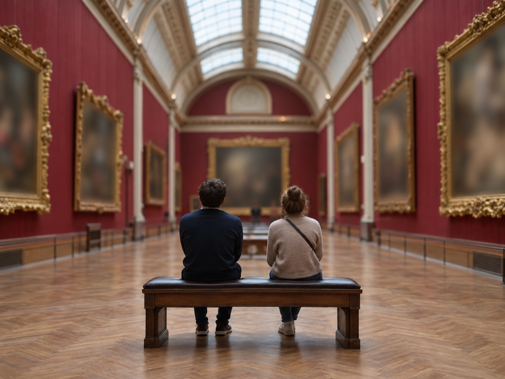 Alte Pinakothek Munich: lofty gallery hall with red fabric-covered walls, skylights and visitors on a bench